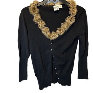 MERINGUE Black VTG Cotton Cardigan Rhinestone Buttons Rosette Collar Small